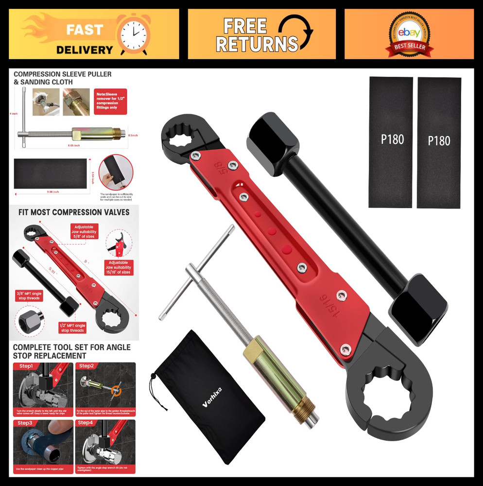6-Piece Plumbing Tool Set - Angle Stop Wrench, Compression Sleeve Puller, Sandpa