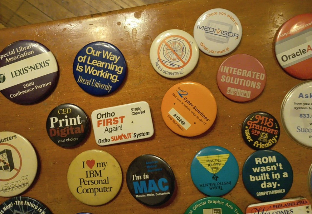 Vintage Early Computer Buttons Pins, Computer Tech Shows Lot