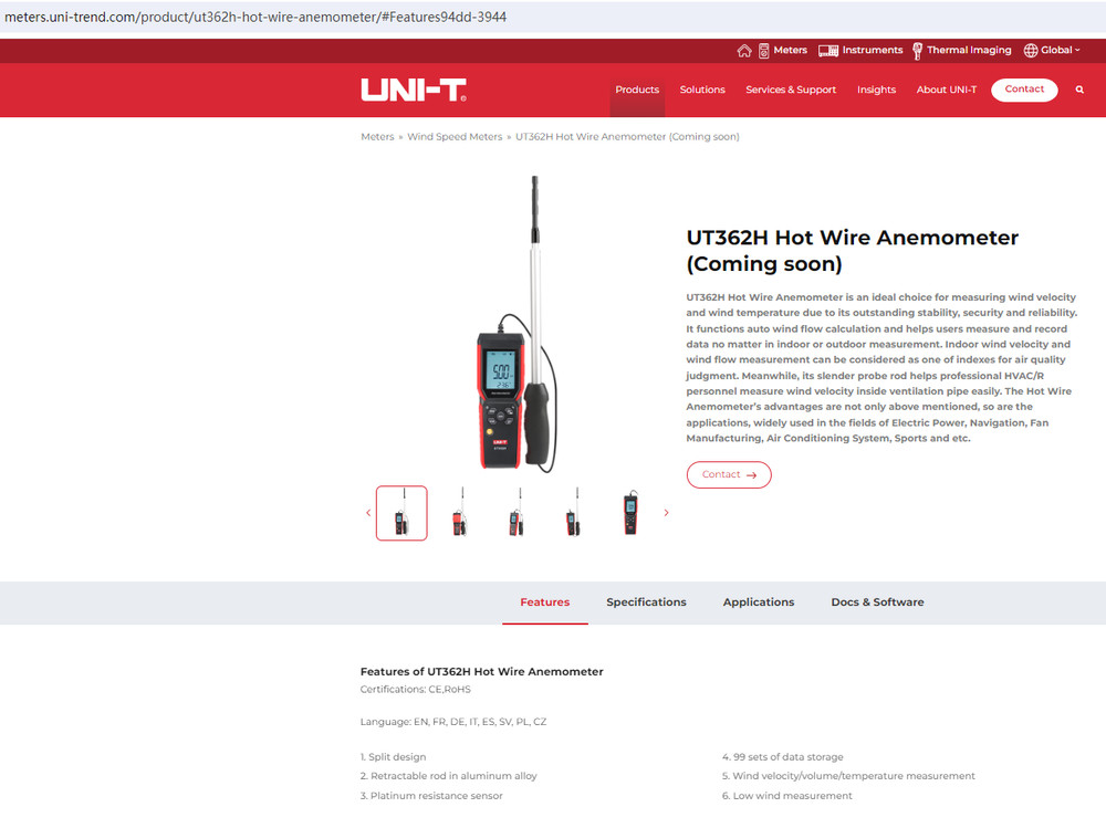 UNI-T UT362H Hot Wire Anemometer Sensor Wind Velocity/Volume/Temperature Tester