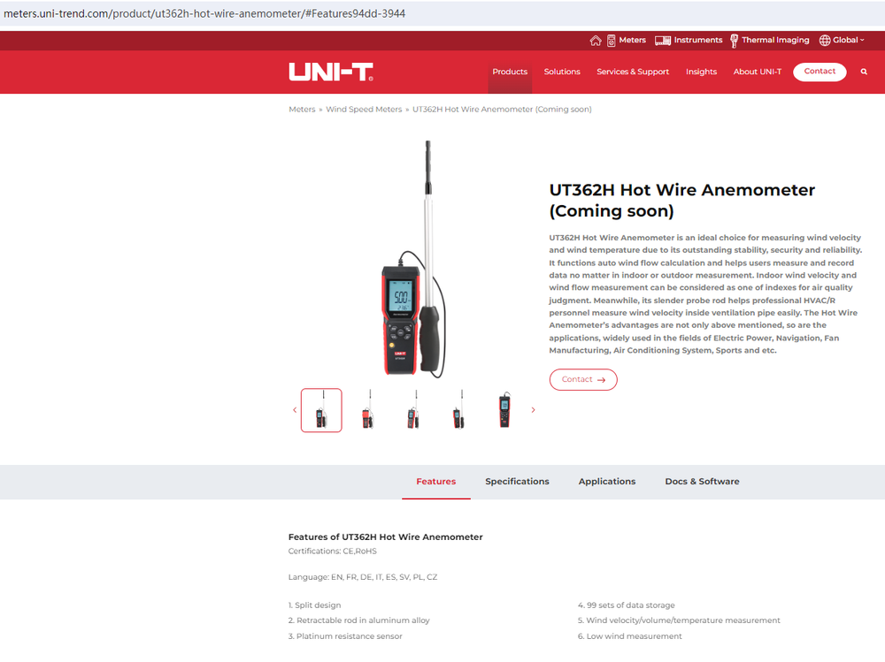 UNI-T UT362H Hot Wire Anemometer Sensor Wind Velocity/Volume/Temperature Tester