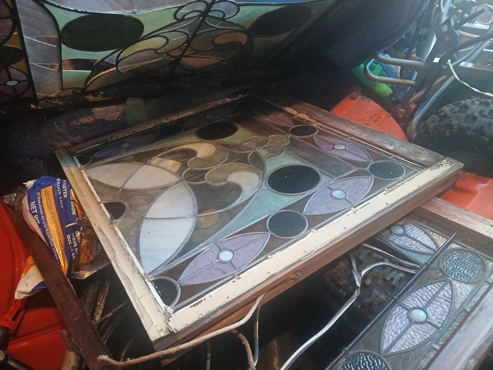 antique stained glass window pair