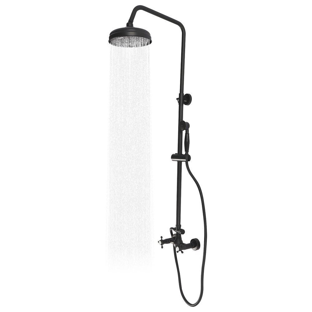 59" Wall Mount Matte Black Shower Faucet Set Hand Shower Double Knobs Unit