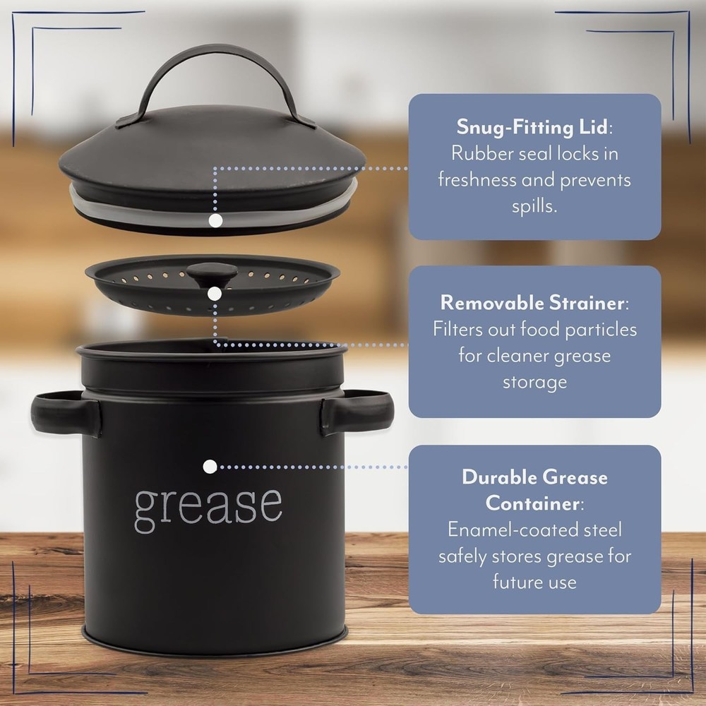 Practical Black Enamel Grease Container w/Strainer - Essential Kitchen Accessory