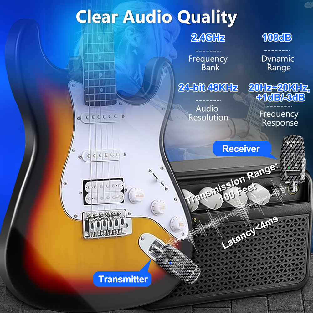 2.4GHz Wireless Guitar System Transmitter Receiver Multiple Channel Rechargeable