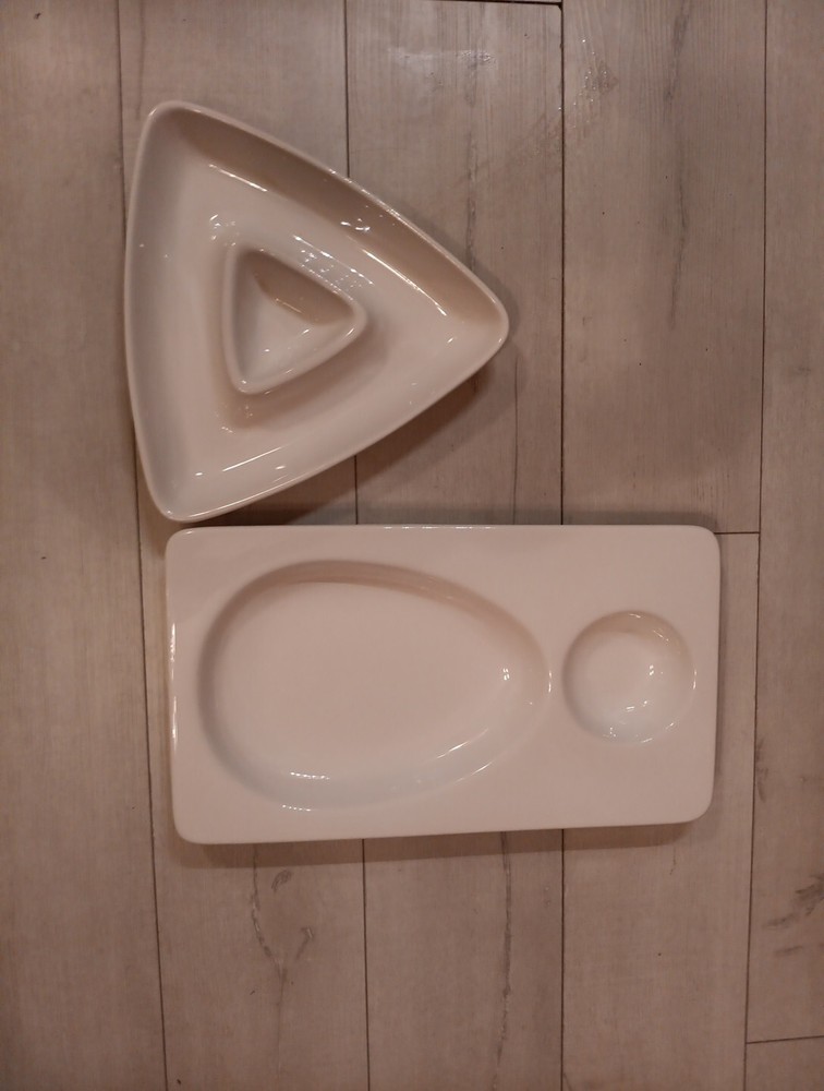 2x Blanc de Blanc Geometric White Ceramic Modern Contemporary Serving Dish+Platt