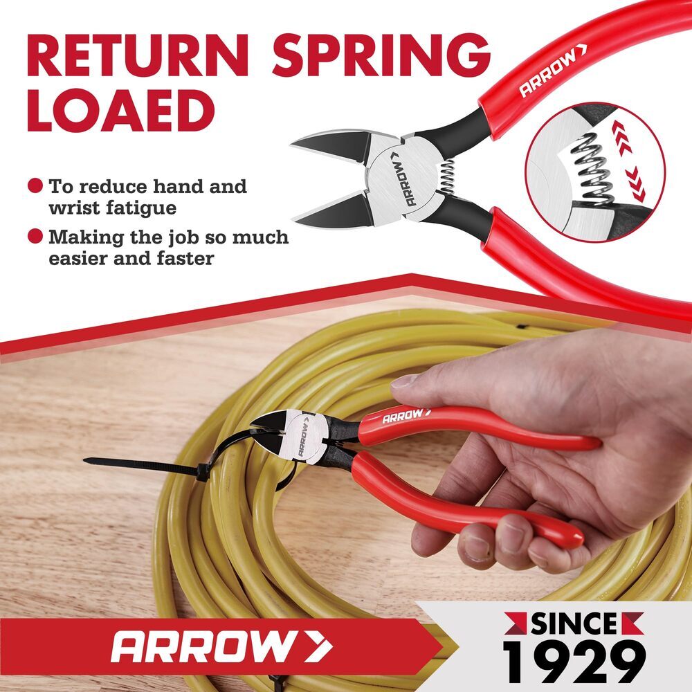 ARROW 7" Precision Wire Cutters Spring Load Side Cutter Diagonal Flush Cut Plier