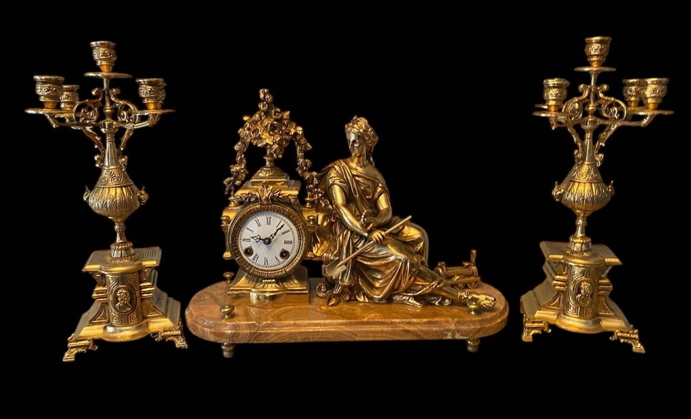 Empire Triptych Gilded Bronze Marble Base Clock and Candlesticks
