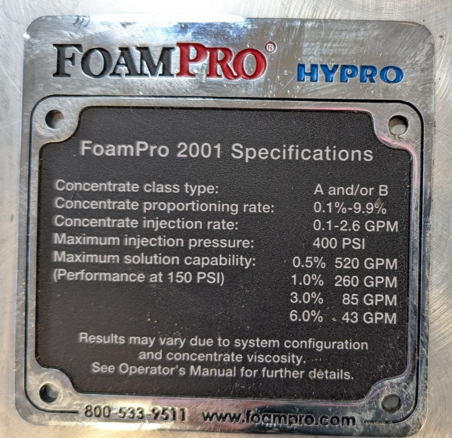 FOAMPRO HYPRO MODEL 2100 FOAM PUMP KIT FOR CLASS A 0R B FIRE FIGHTING System