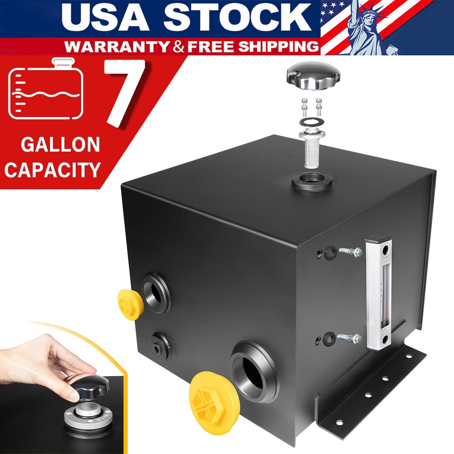 7 Gallon Hydraulic Fluid Reservoir Tank with Temp Gauge Sight-Gauge and Breather
