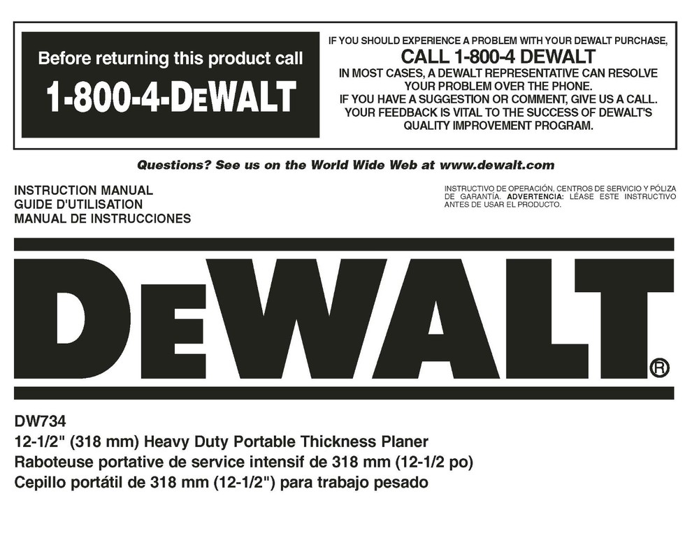 Dewalt 12 1/2" Planer Instruction Manual Model #DW734