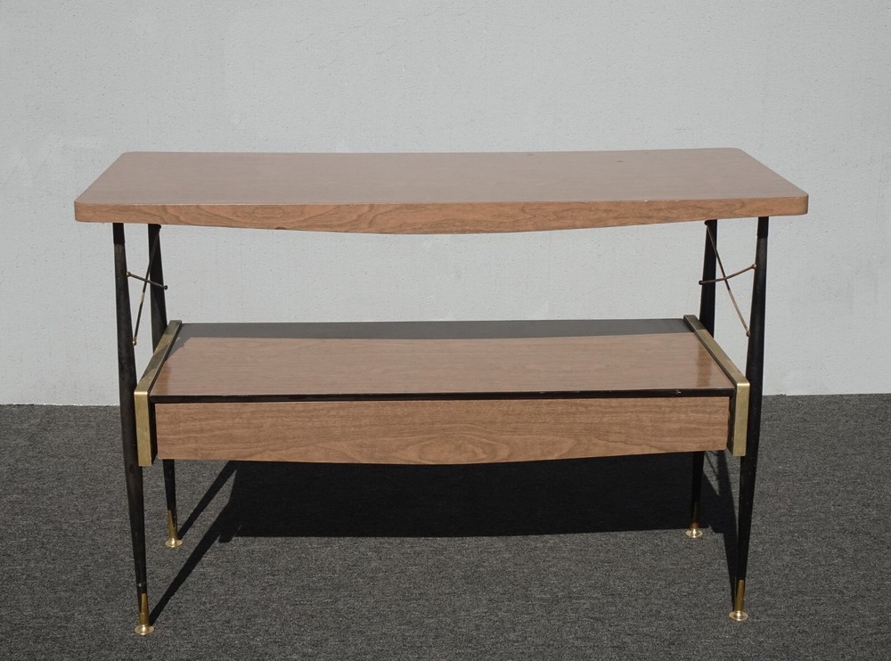 Vintage Mid Century Modern Brown Two Tier Laminate Side Table Buffet w Drawer