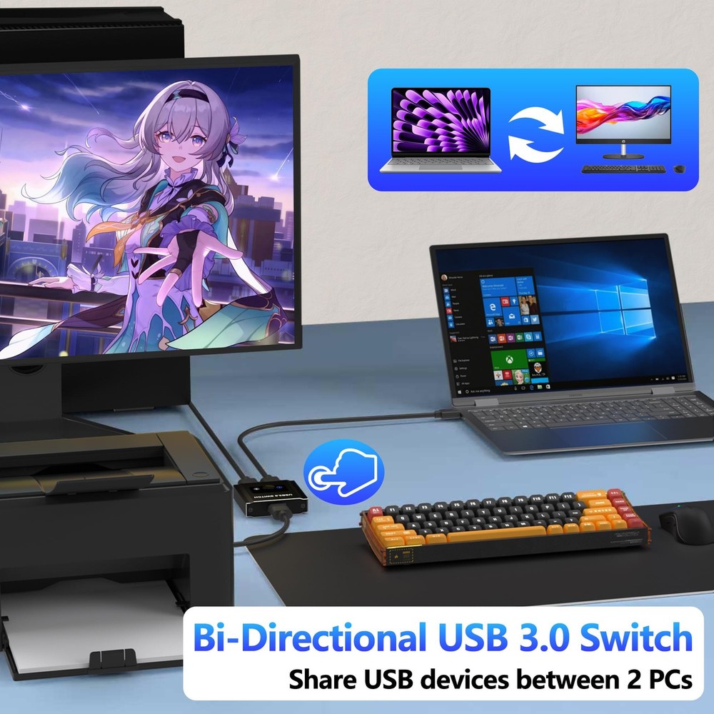 USB Switch Bi-Directional 1 in 2 Out USB Switcher 2 Computers Sharing KVM