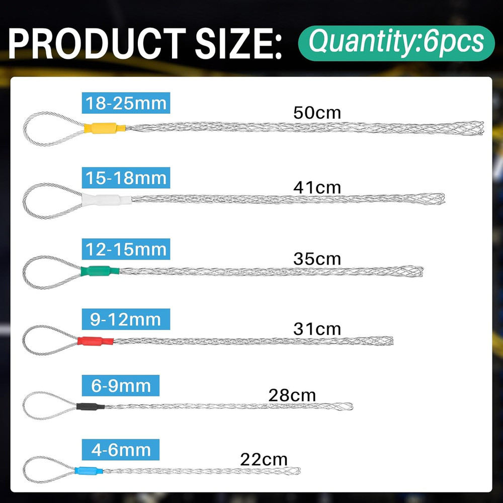 6 Pcs Cable Puller Socks 4-25 mm Cable Pulling Sock Grip Kit Eye Mesh Wire Gr...