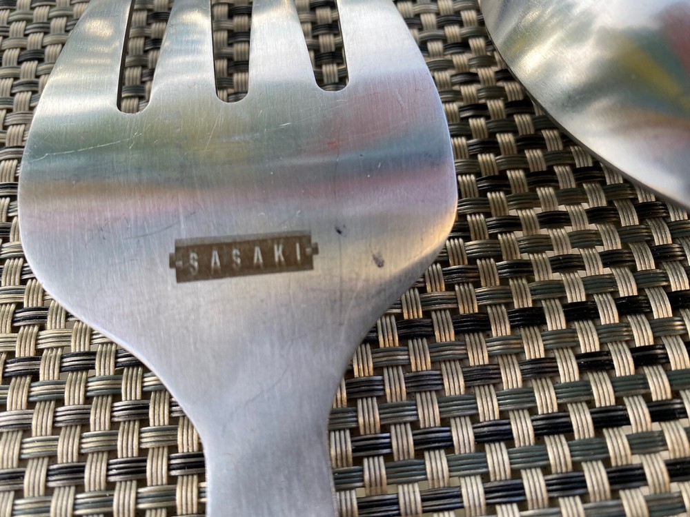 Sasaki Japan Extra Large Stainless Teak Pattern Serving Utensil Set Fork & Spoon