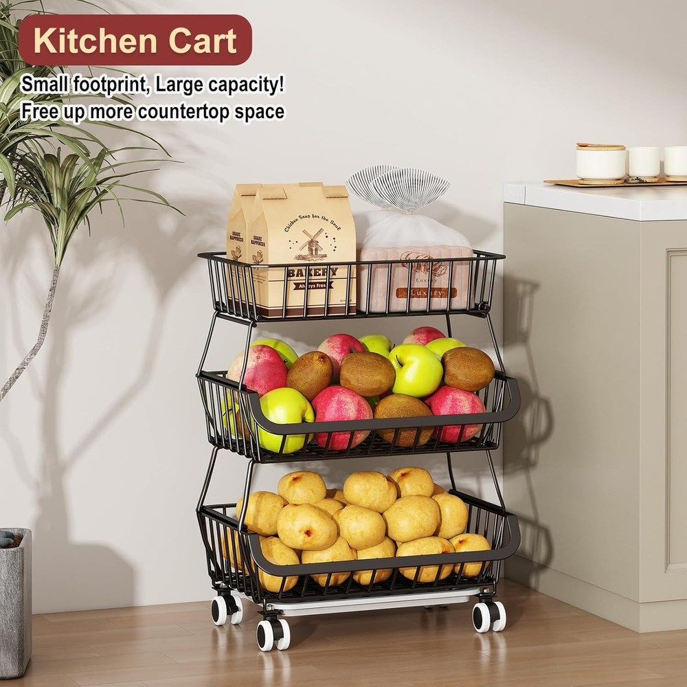 3-Tier Rolling Pantry Cart with Wheels, Stackable Wire Storage Floor Organize...