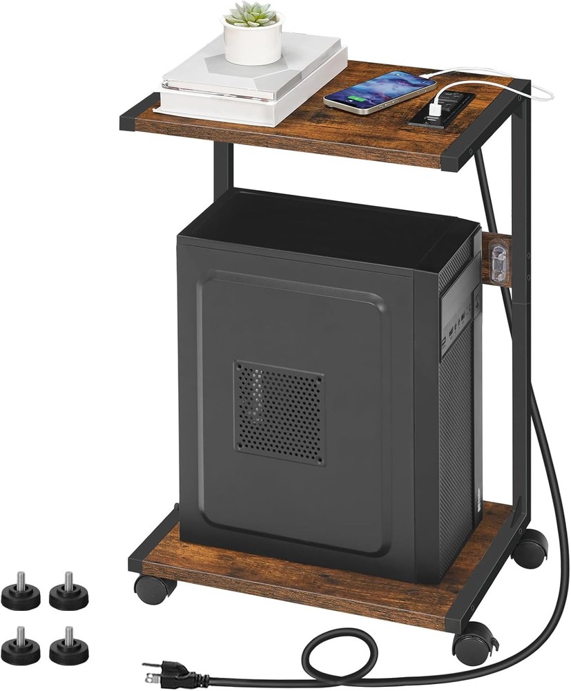 HOOBRO Computer Tower Stand, PC Stand with Charging Rustic Brown, Black