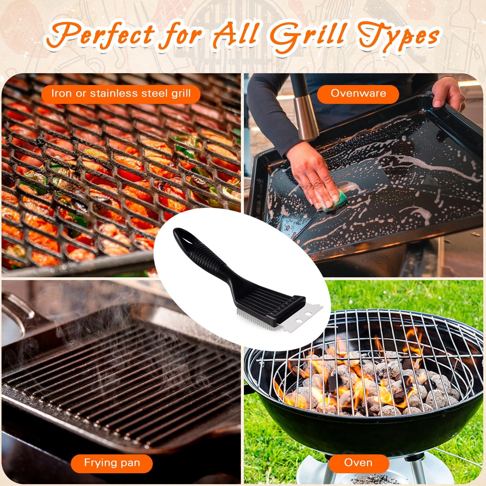 Stainless Steel BBQ Grill Brush and Scraper Set for Outdoor Grill