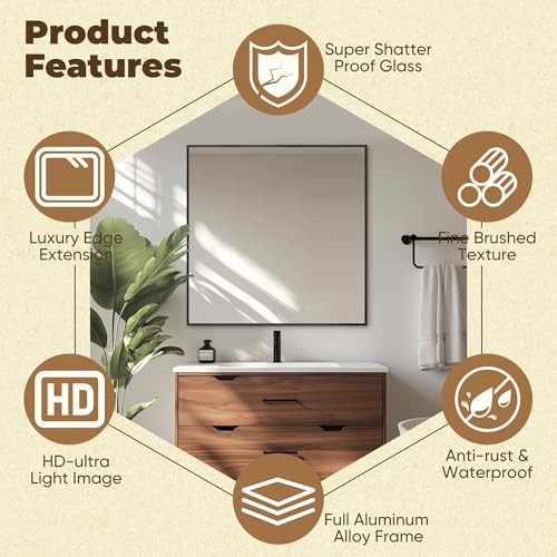 36x36 Metal Framed Bathroom Mirror, Square Edge Rectangular 36"L x 36"W Black