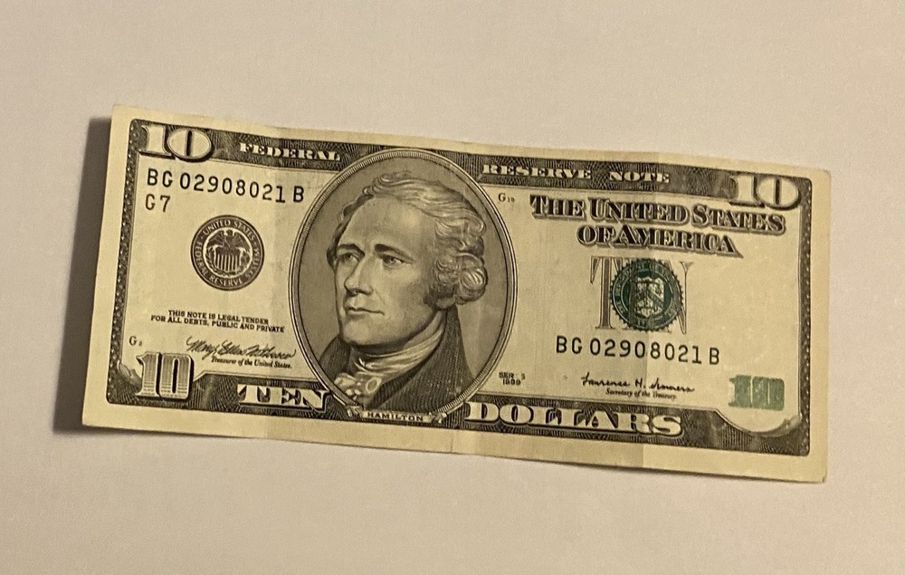 $10 Dollar Bill 1999 ink Error and Misalignment Error
