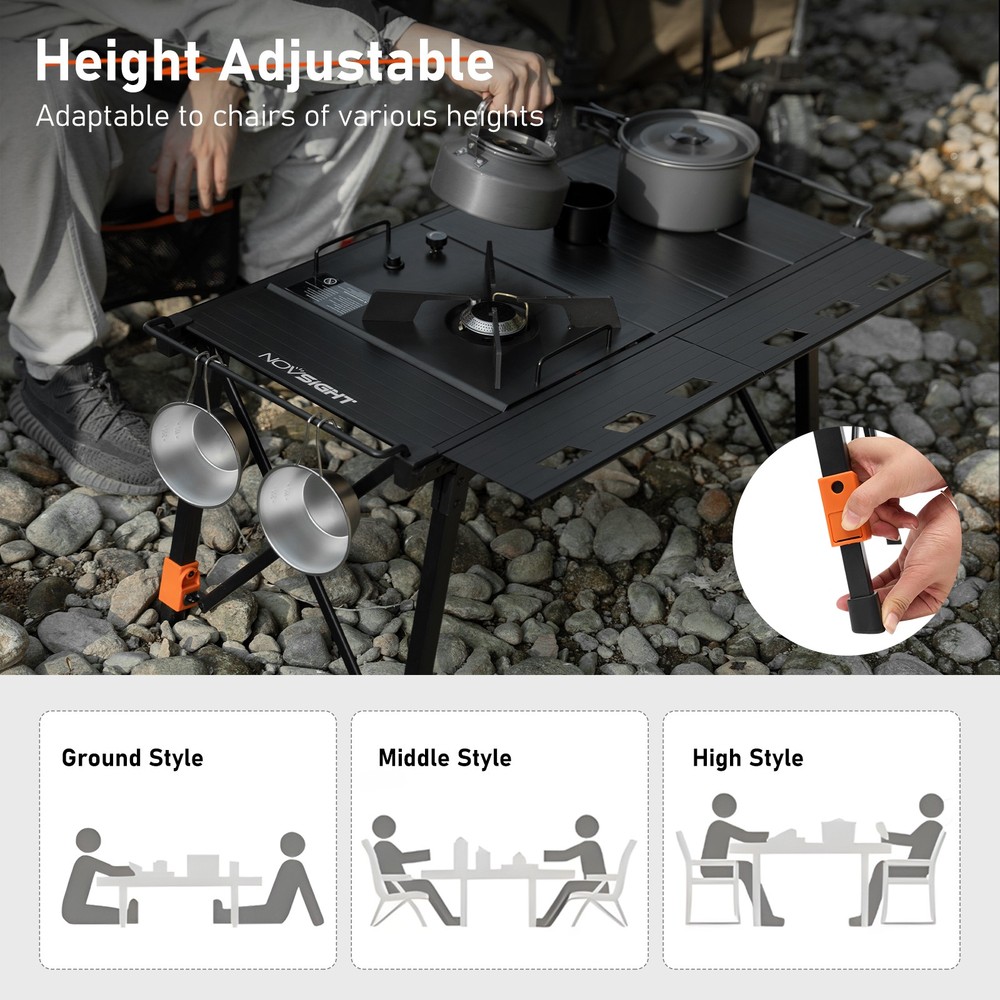 NOVSIGHT Portable Camping Table Adjustable Height Folding Roll Up Tabletop w/Bag