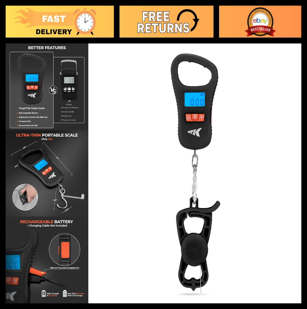 Digital Fish Scale 65lb Capacity, USB Rechargeable, Ultra-Thin LCD Display, Ergo