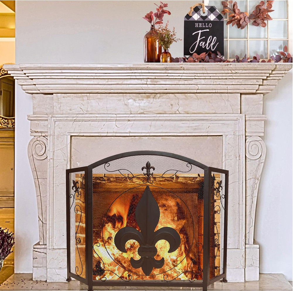 3-Panel Fireplace Screen Decorative with Fleur De Lis Design, Classic Dark Brown