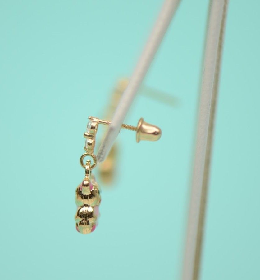 14K Solid Yellow Gold Teddy Bear Dangle Earring with Enamel