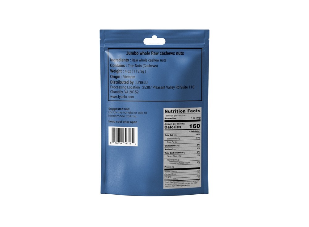 Jumbo Whole Raw Cashews Nuts - 4oz