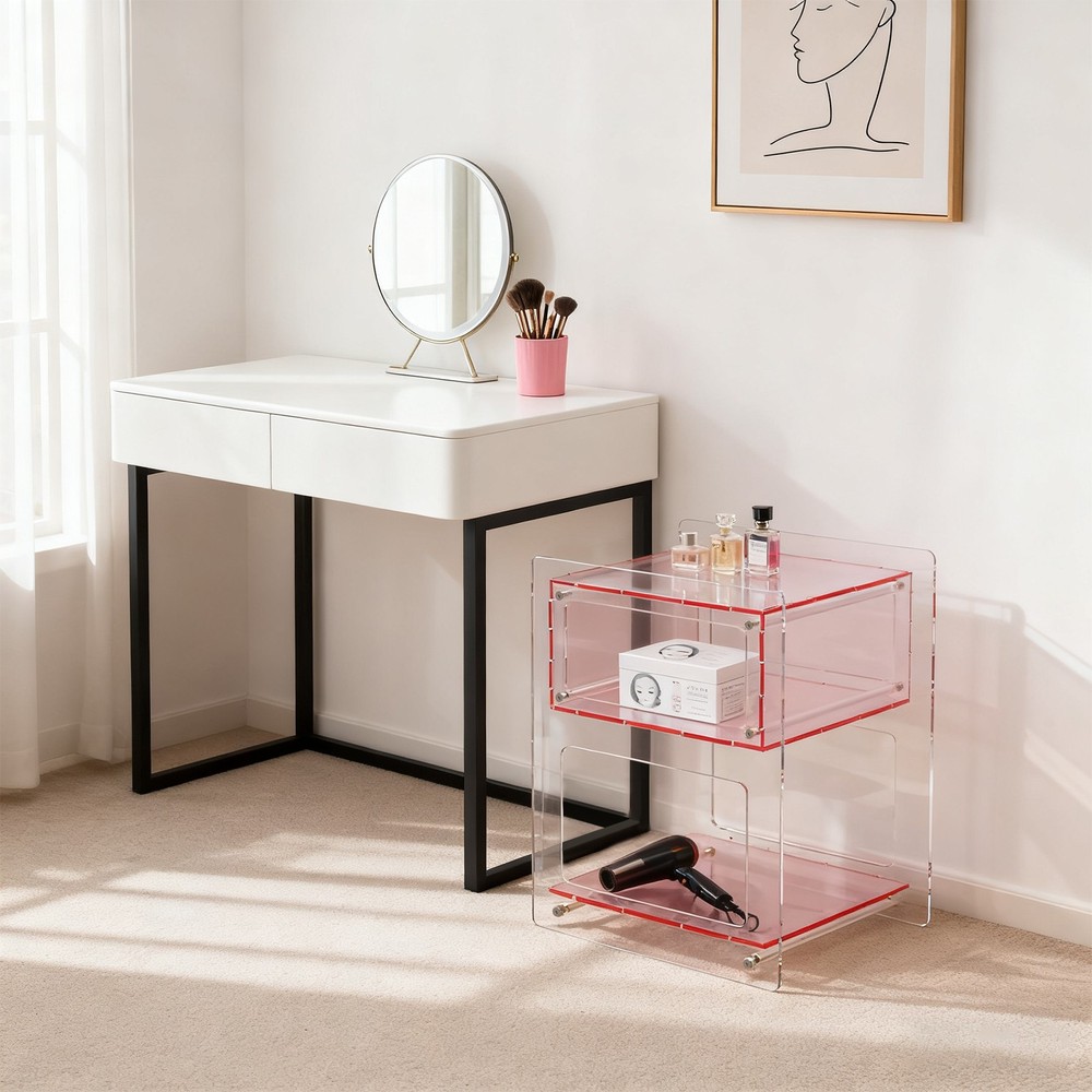 Modern Acrylic Side Table Free Standing Nightstand Pink Rectangle Storage Shelf