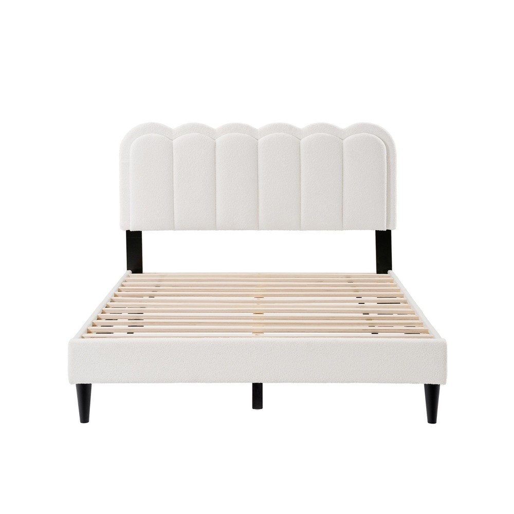 Full/Queen Size Platform Bed Frame with Upholstered Headboard & LED Light White