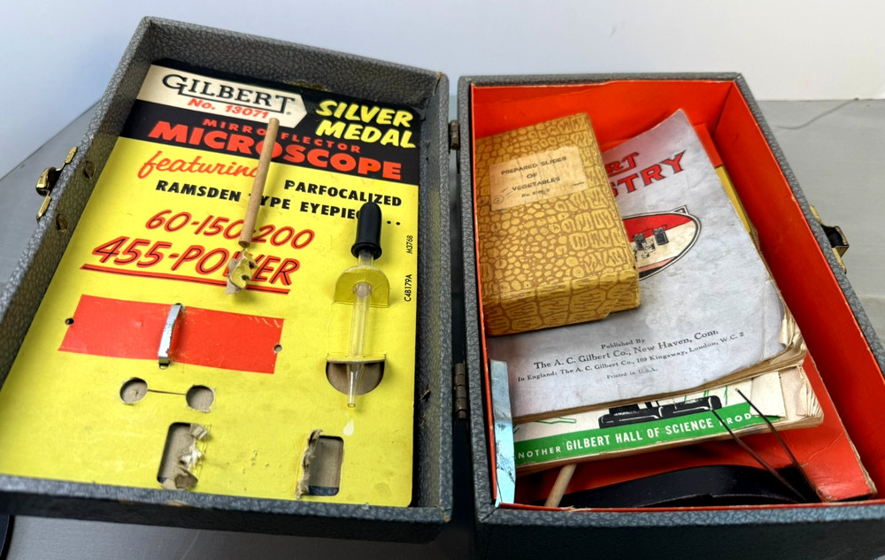 Gilbert Silver Medal Microscope Lab Set w/ 12 Slide Box & Case