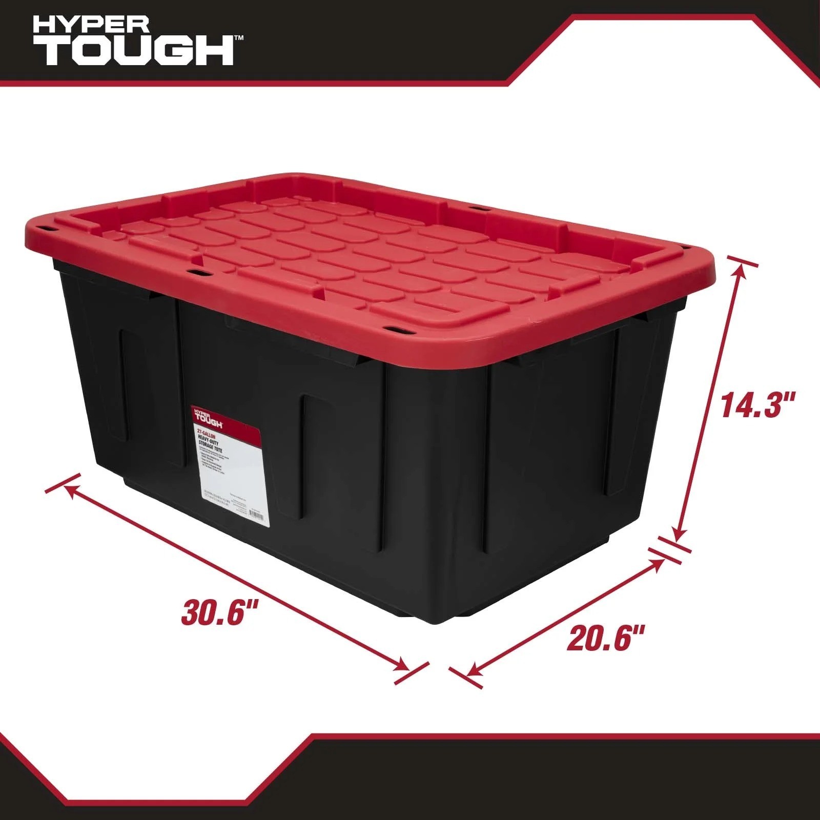 Hyper Tough 27 Gallon Snap Lid Plastic Storage Bin Container, Black with Red Lid