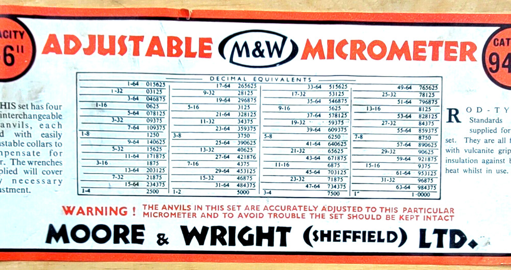 Adjustable Moore And Wright Micrometer No 942X 2" - 6" & Wood Box Britain Made