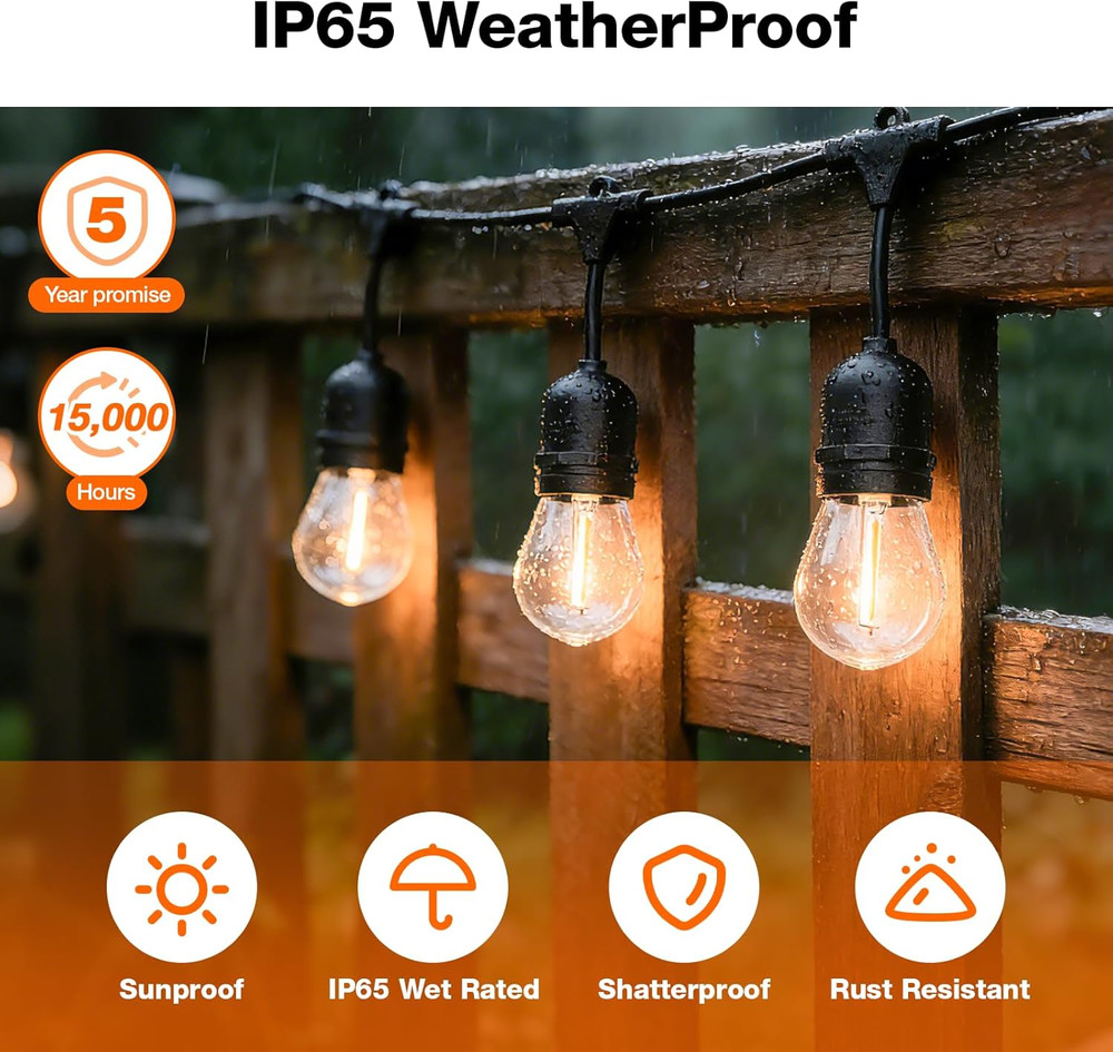 24-Ft Outdoor String Lights, Edison Shatterproof S14 Bulbs, Linkable, String Lig