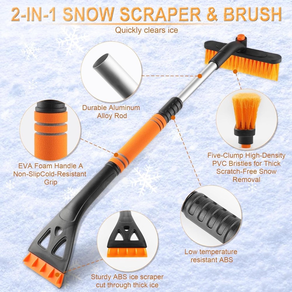 32" Extendable Ice Scraper & Snow Brush for Car Windshield, 360° Rotating Sno...