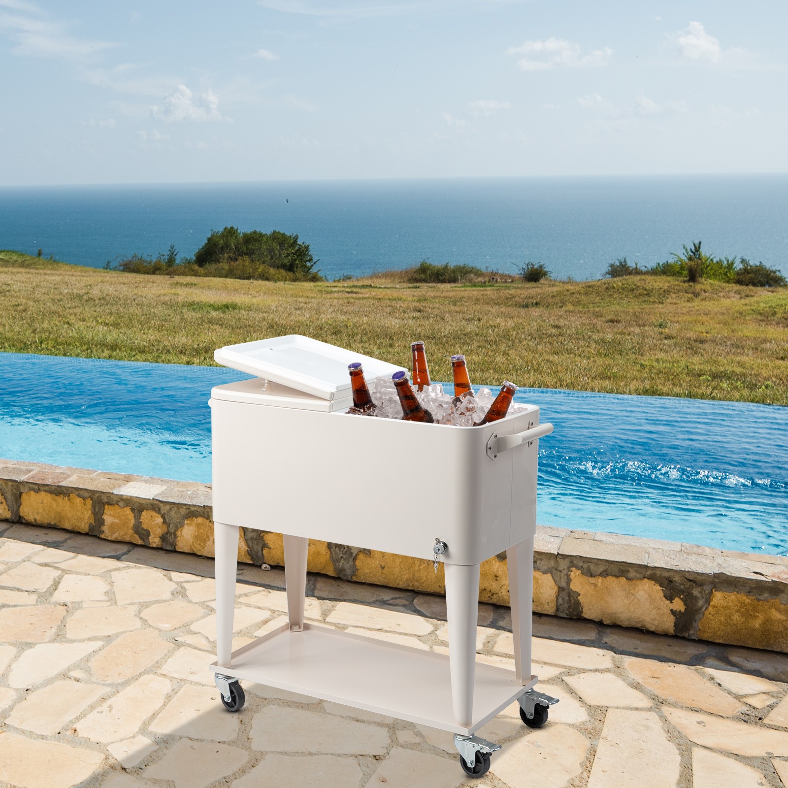 New Style 80 Quart Rolling Cooler Cart With 4 Wheels Beverage Cart Keep Warm