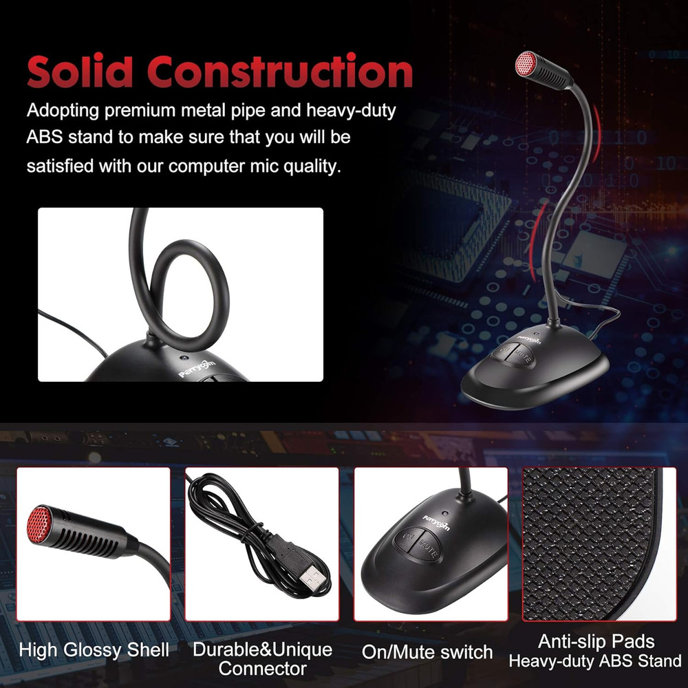 Perrycom USB Computer Microphone, Plug&Play Cardioid Condenser PC Laptop Mic, On
