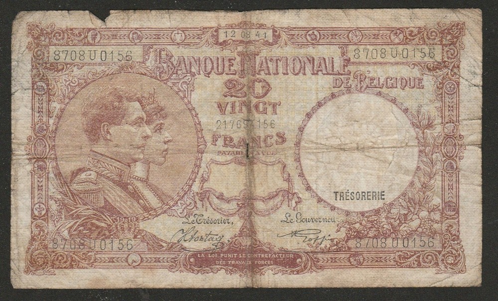 1941 BELGIUM 20 FRANC NOTE