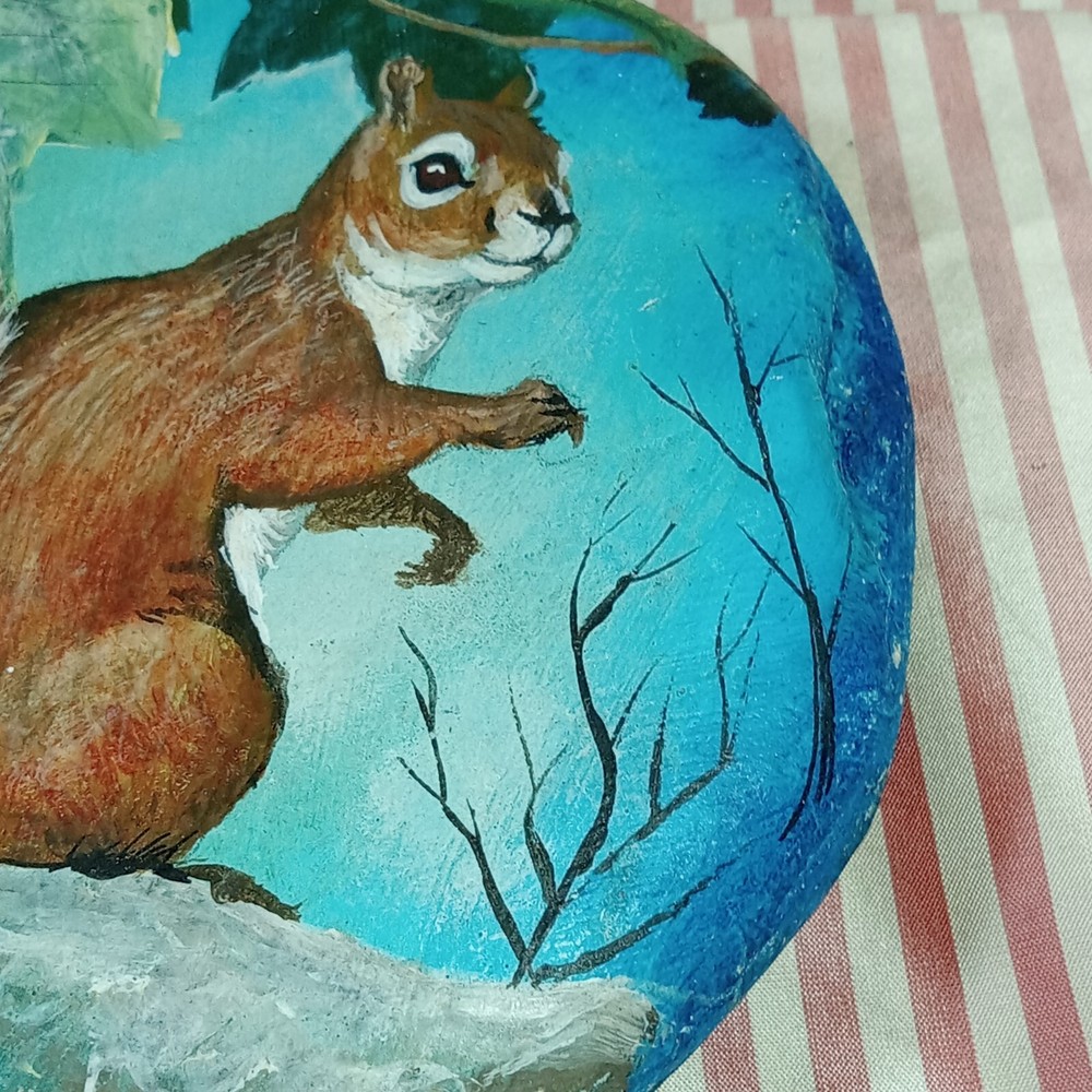 hand painted ROCK SQUIRREL ~5" X 5" COTTAGE CORE SIGNED ARTWORK