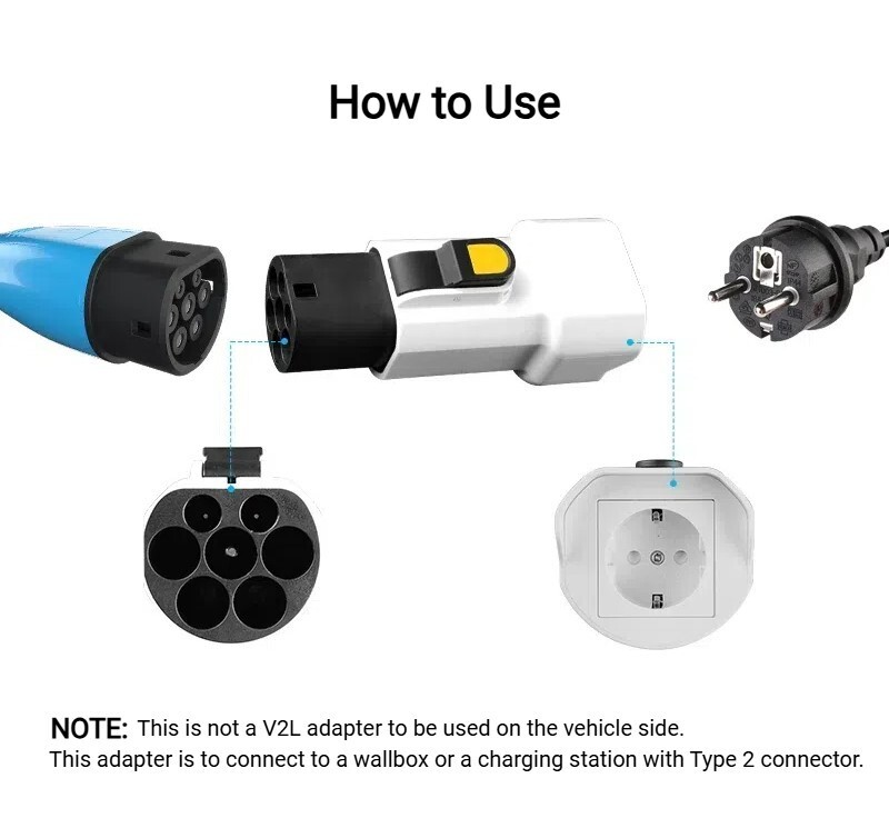 Type 2 Male Plug to Schuko Socket EV Charging Adapter, EV Connector 16A, 220V