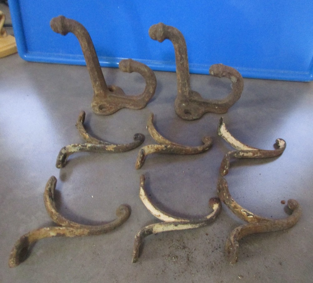 8 Antique/Vintage Cast iron Architectural Hooks - 2 Large Double