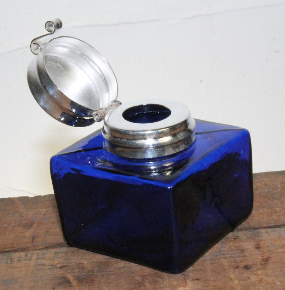 Vintage Antique Style Square Cobalt Blue Glass Inkwell Bottle ink