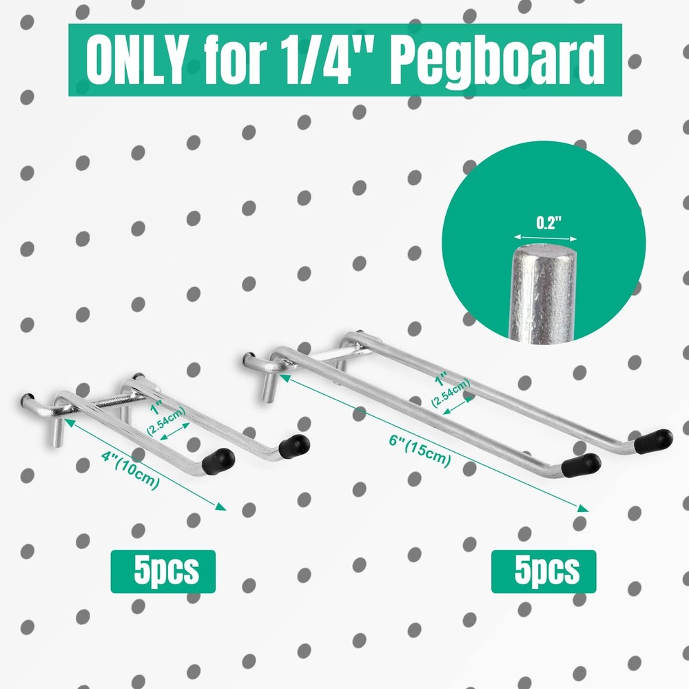 10 Pack Pegboard Hooks, Peg Board Tool Utility Hooks & Hangers Fit 1/4" Pegbo...