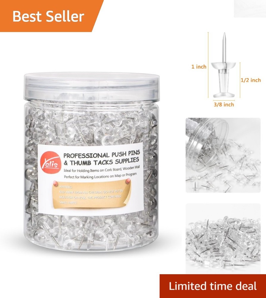 Push Pins 600 Count - Clear Thumb Tacks with Reusable Container for Storage