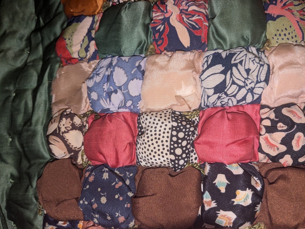 Unique Antique Puff Biscuit Patchwork Fabric Quilt ~ Green Back