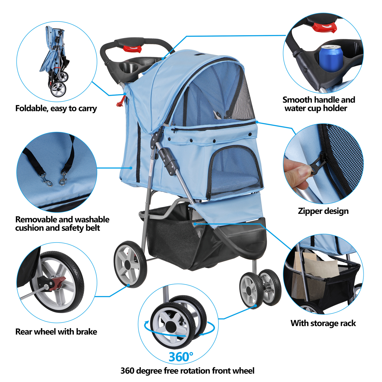 3 Wheels Pet Dog Cat Stroller for Small Medium Dogs Cats with Cup Holder Blue