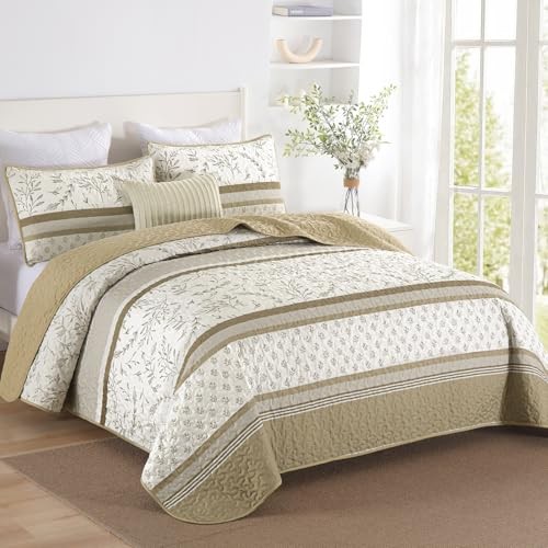 Striped Quilt Set Size Boho Striped Patchwork Leaves Printed Queen Brown