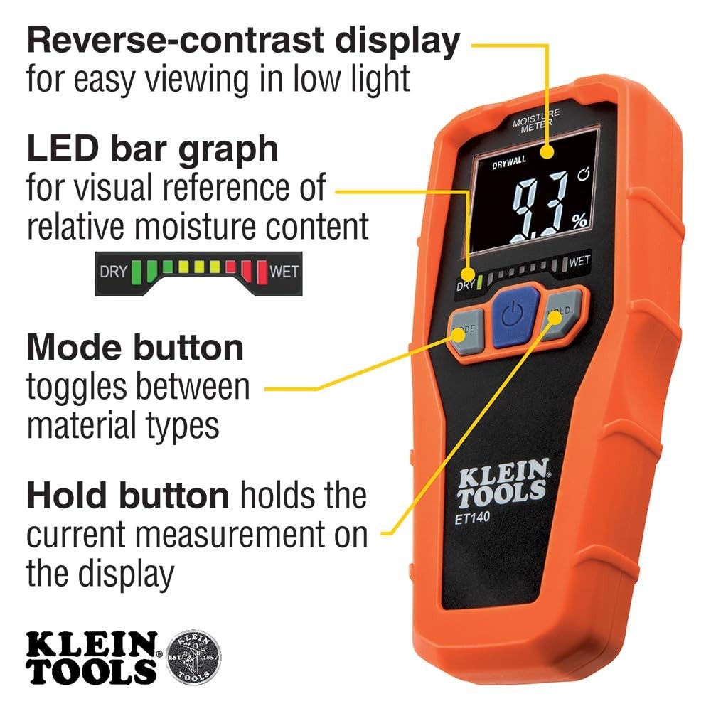 Klein Tools ET140 - Versatile Pinless Moisture Meter with LED Display and Alerts