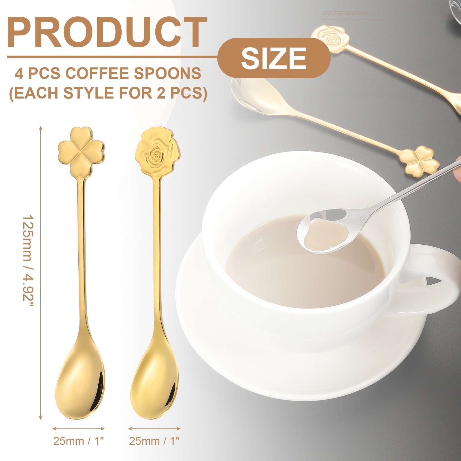 4pcs Coffee Spoons, Rose/Four Leaf Grass Tea Spoons Stainless Steel, Gold