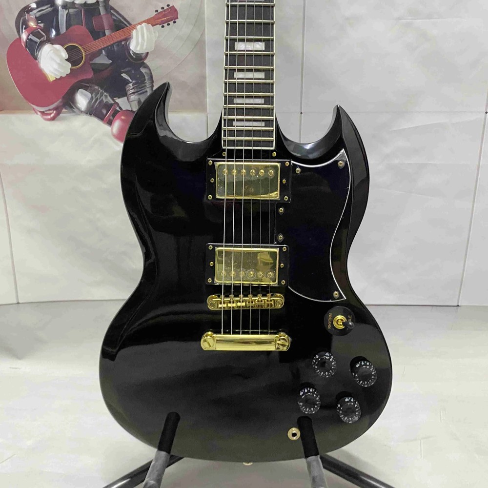 Black 6-string electric guitar with HH pickup, gold hardware, solid body